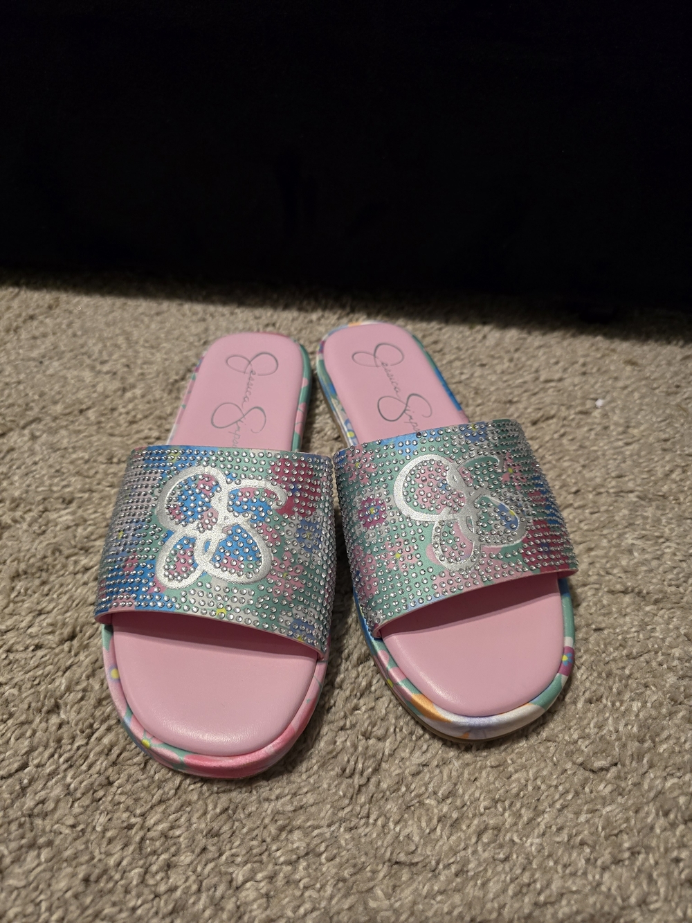 Jessica Simpson Pink Slide Sandals with Iridescent Rhinestone Straps